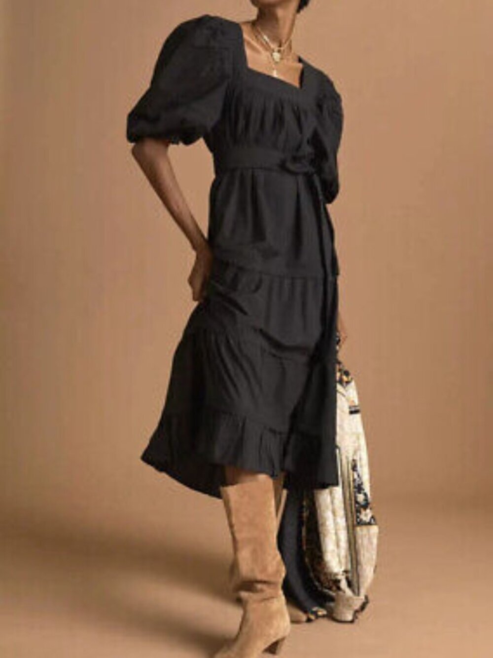 Anthropologie Love the Label Puff Sleeve Black Cotton Poplin Midi Dress - Small